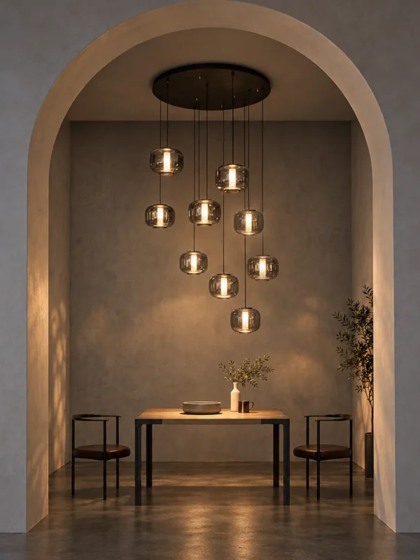 Aspen 9 Round Chandelier with suspended Smokey Grey glass pendants above a dining area