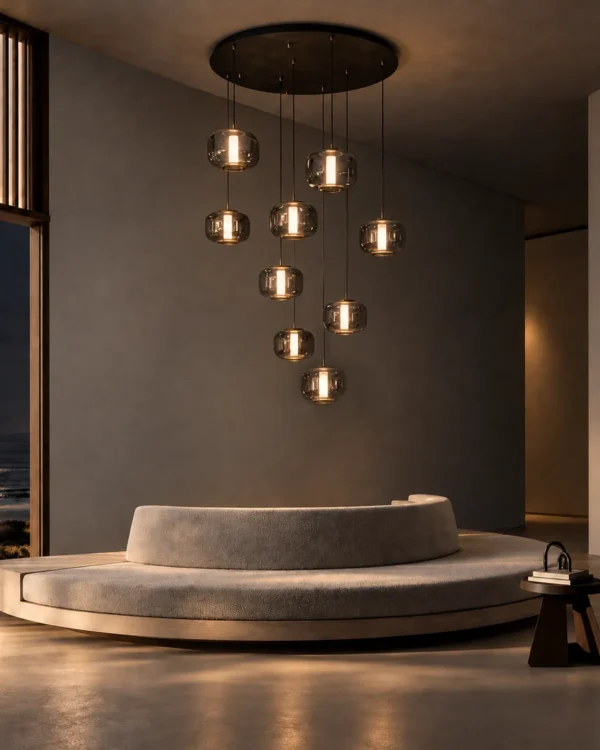 Aspen 11 Rectangle Chandelier with cascading glass pendants in a contemporary living room