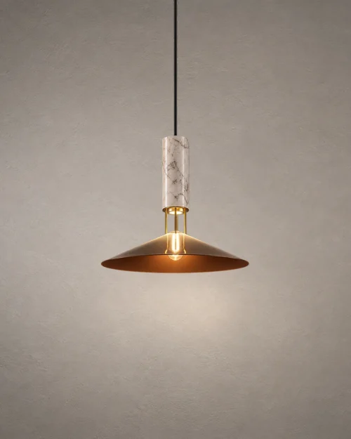 Asteria pendant light with a tapered Gold shade and cylindrical marble-inspired accent