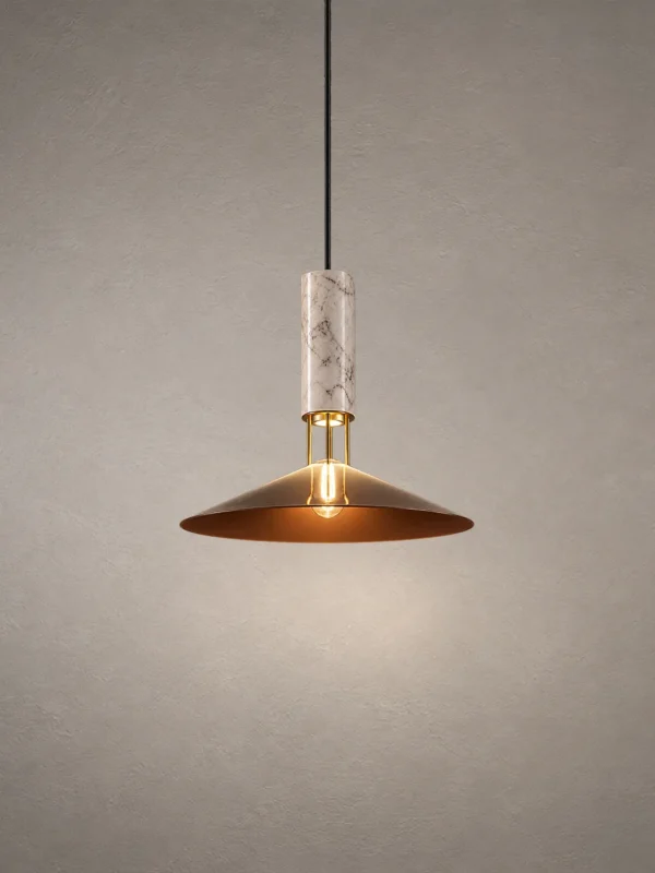 Asteria pendant light with a tapered Gold shade and cylindrical marble-inspired accent