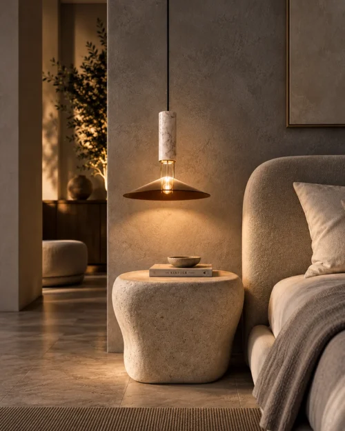 Asteria Gold pendant light suspended beside an upholstered bed and stone bedside table