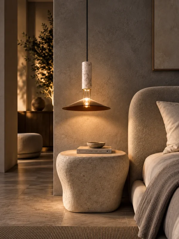 Asteria Gold pendant light suspended beside an upholstered bed and stone bedside table