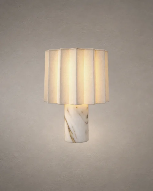 Astra Modern Decorative Table Lamp Astra white table lamp featuring a pleated cylindrical shade and marble-patterned base