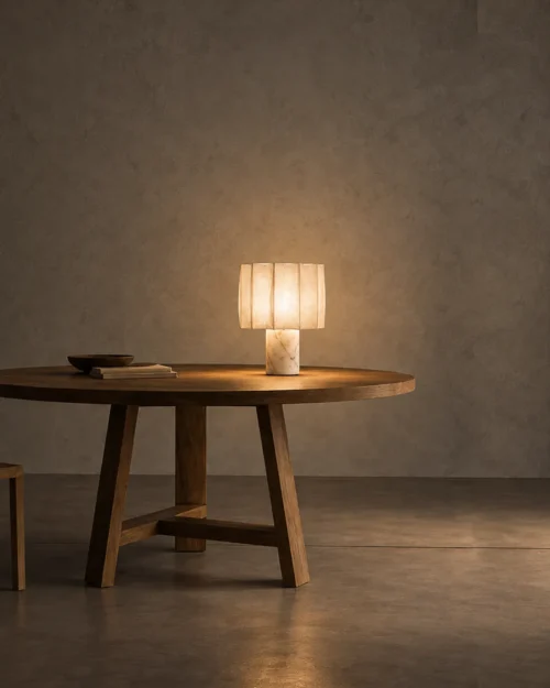 Astra Table Lamp Contemporary Interior Astra white decorative table lamp displayed on a round wooden table in a warm minimalist interior