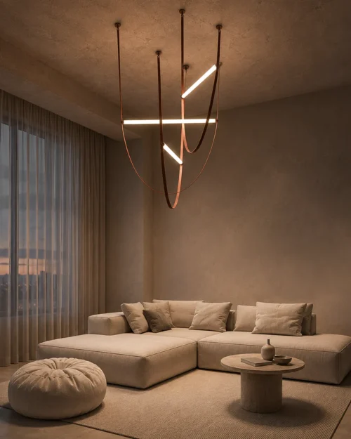 Athos Chandelier Living Room Interior Athos chandelier suspended above a modern living room seating area