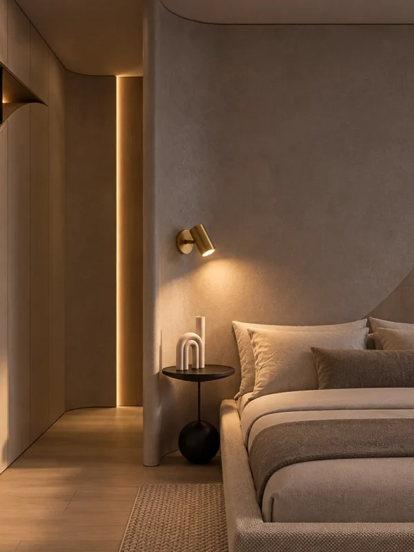 Aurelio gold wall spotlight providing warm illumination beside a bed in a contemporary bedroom