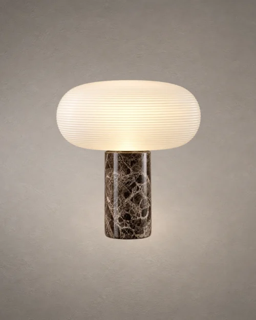 Auren Modern Sculptural Table Lamp Auren table lamp with rounded ribbed white shade and dark marble-style cylindrical base