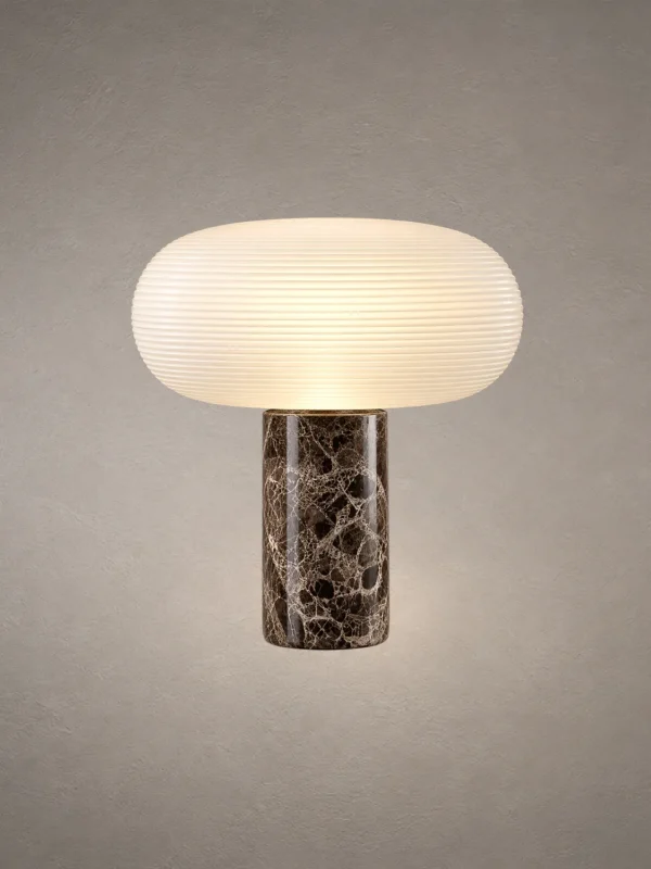 Auren Modern Sculptural Table Lamp Auren table lamp with rounded ribbed white shade and dark marble-style cylindrical base