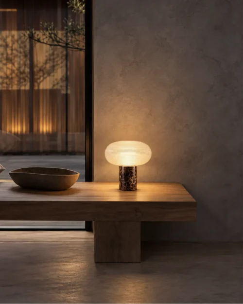 Auren Table Lamp Modern Console Table Auren sculptural table lamp with dark patterned base on a wooden console table