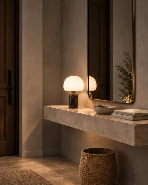Avorio table lamp displayed on a stone console beneath a wall mirror