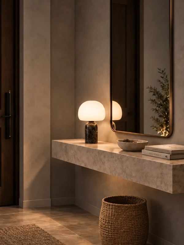Avorio table lamp displayed on a stone console beneath a wall mirror