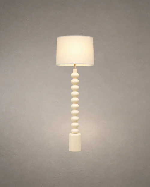 Bianca white floor lamp with stacked rounded column detailing and cylindrical lampshade