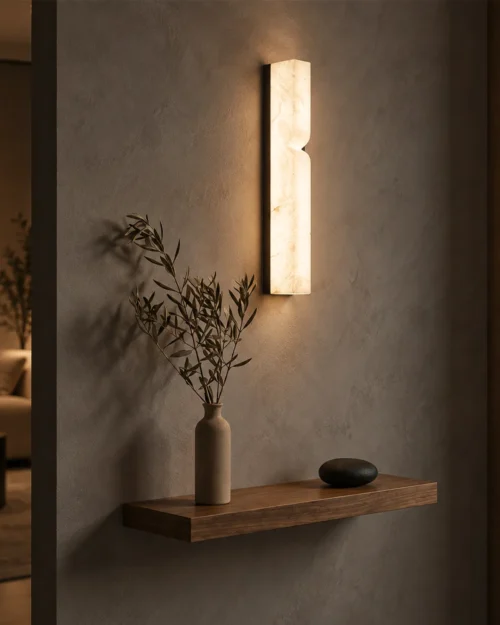Bianco vertical wall lamp above a floating wooden shelf in a warm modern interior