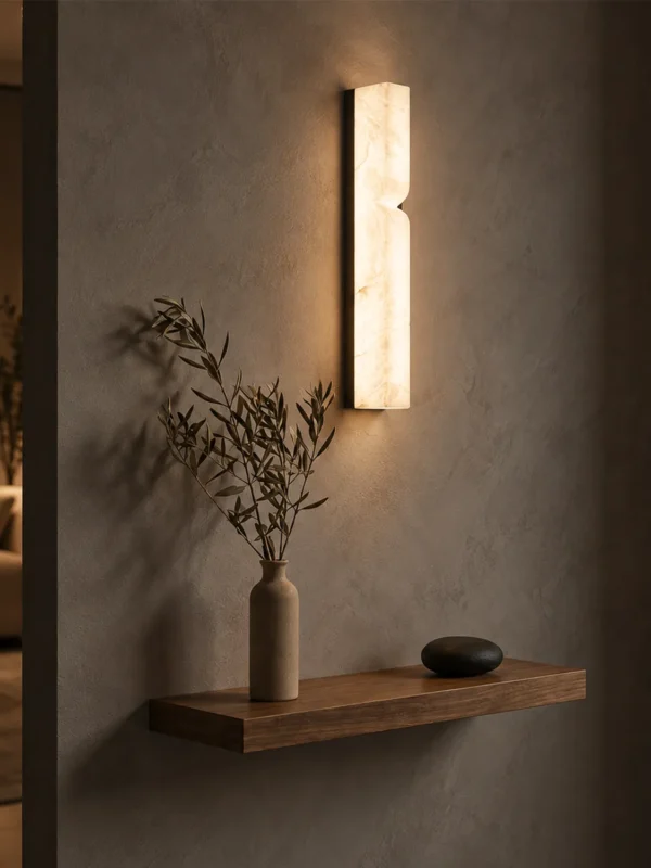 Bianco vertical wall lamp above a floating wooden shelf in a warm modern interior