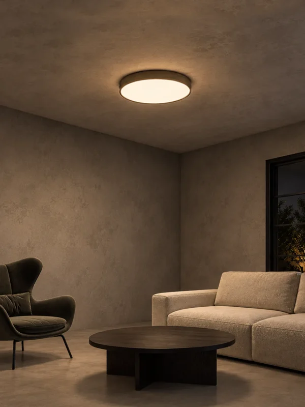 Carrie circular ceiling light displayed in a contemporary seating area