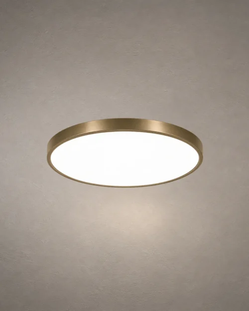 Carrie LED ceiling light with slim circular Gold frame and white diffuser