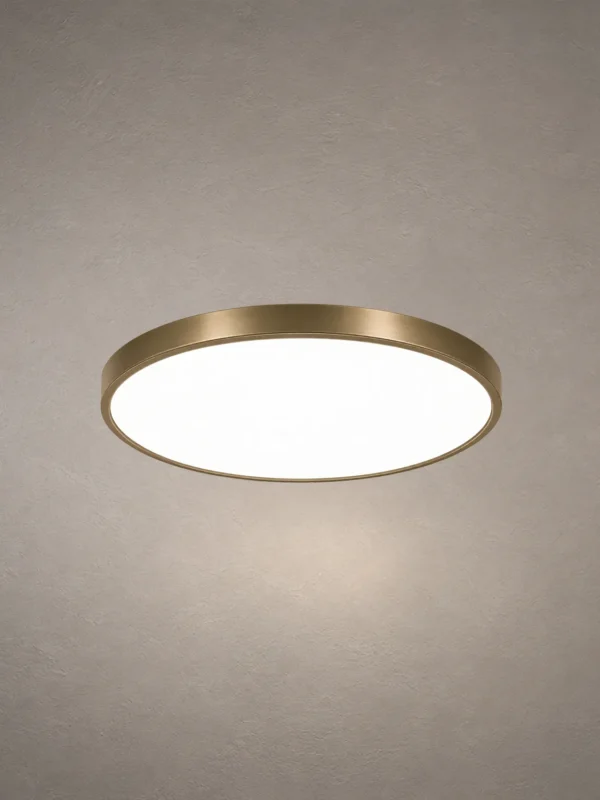 Carrie LED ceiling light with slim circular Gold frame and white diffuser