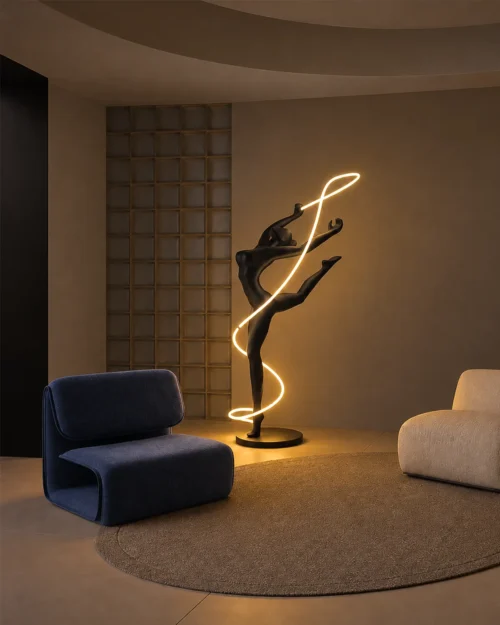 Civil Gymnast black resin floor lamp featuring an illuminated ribbon beside modern lounge chairs