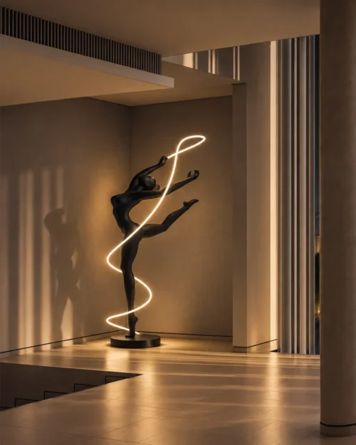 Civil Gymnast sculptural floor lamp with glowing ribbon displayed in a contemporary interior