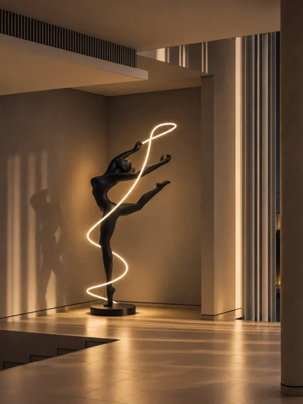 Civil Gymnast sculptural floor lamp with glowing ribbon displayed in a contemporary interior