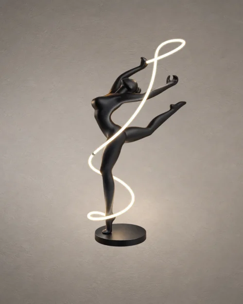 Civil Gymnast black sculptural floor lamp with gymnast-inspired figure and flowing illuminated ribbon
