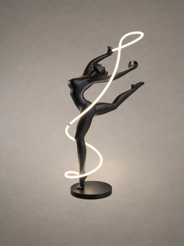 Civil Gymnast black sculptural floor lamp with gymnast-inspired figure and flowing illuminated ribbon
