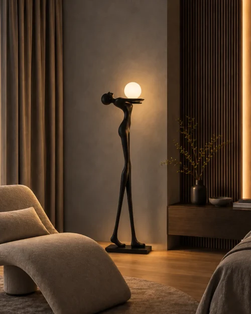 Civil Love sculptural floor lamp displayed beside a lounge chair in a warm contemporary living room