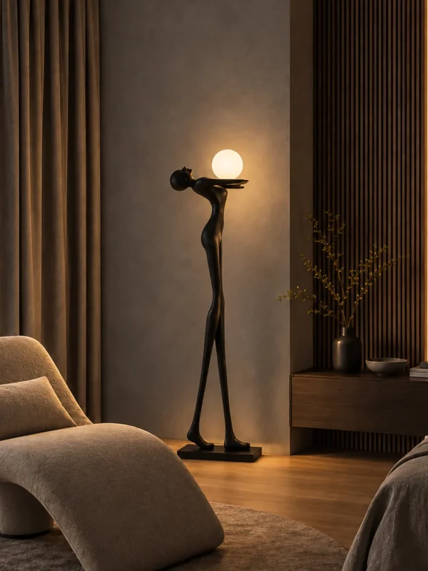 Civil Love sculptural floor lamp displayed beside a lounge chair in a warm contemporary living room