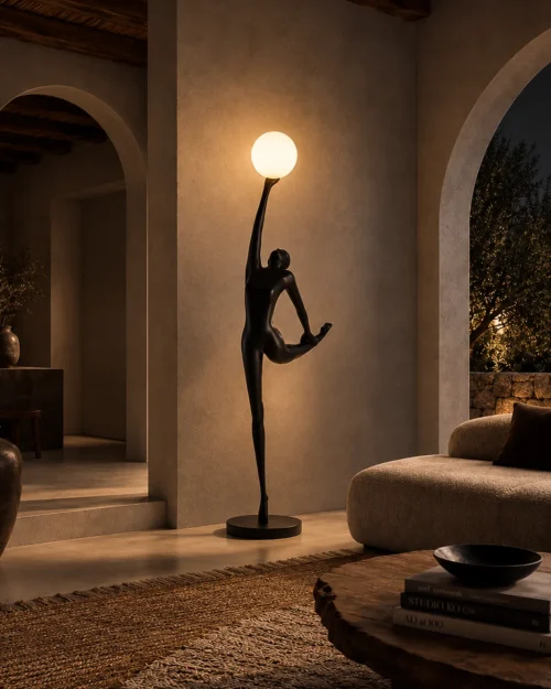 Civil Reaching Black Floor Lamp Contemporary Interior Civil Reaching black and white artistic floor lamp displayed in a contemporary interior with arched architecture