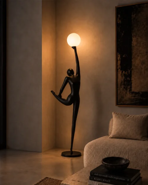 Civil Reaching Floor Lamp Modern Living Room Civil Reaching sculptural floor lamp with glowing spherical light beside a sofa in a modern living room