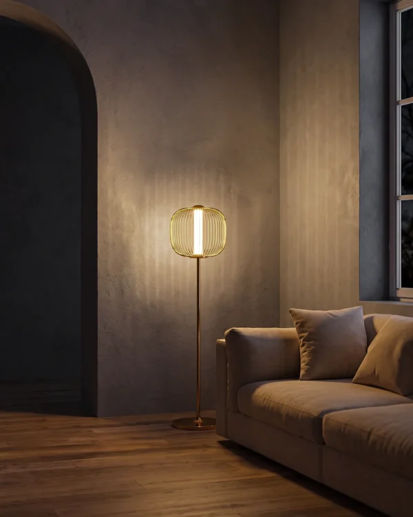 Clymene Floor Lamp with ribbed glass shade in a contemporary living room