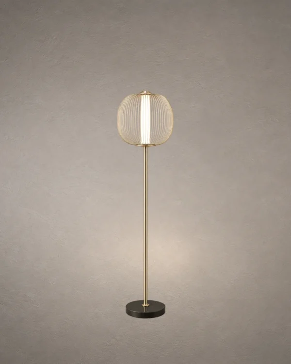 Clymene Floor Lamp with rounded ribbed glass shade and Shiny Brass finish