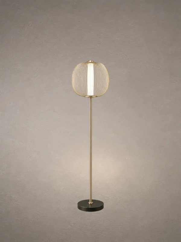 Clymene Floor Lamp with rounded ribbed glass shade and Shiny Brass finish