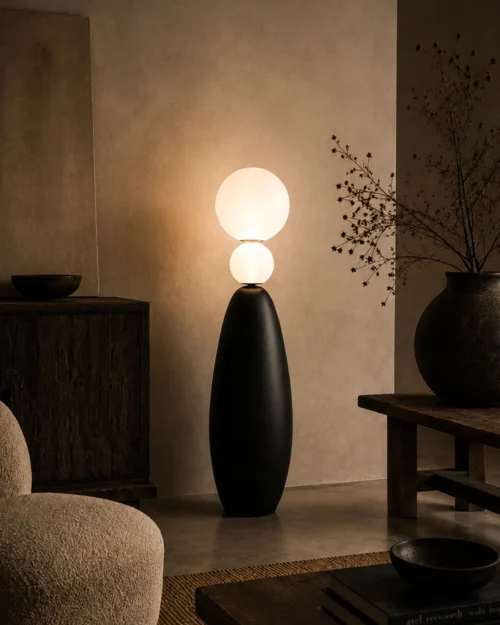 Deimos Floor Lamp Contemporary Living Room Deimos sculptural floor lamp with dual illuminated globes in a warm modern living room