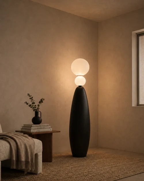 Deimos Floor Lamp Modern Bedroom Deimos black floor lamp with stacked glowing spheres beside a bed in a contemporary bedroom