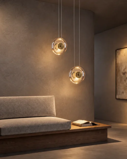 Dione Pendant Light Cognac Glass Interior Two Dione pendant lights with warm Cognac glass suspended beside a contemporary sofa