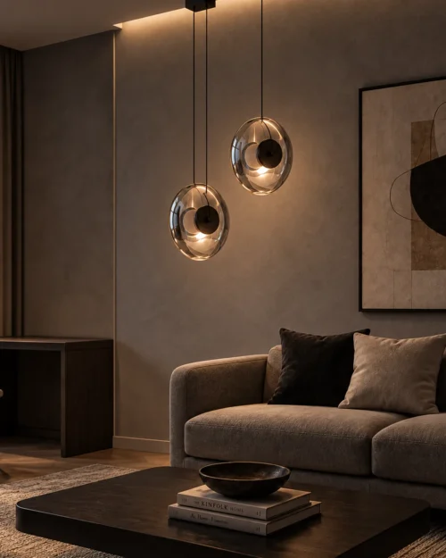 Dione Pendant Light Modern Living Room Two Dione glass pendant lights suspended beside a contemporary living room sofa