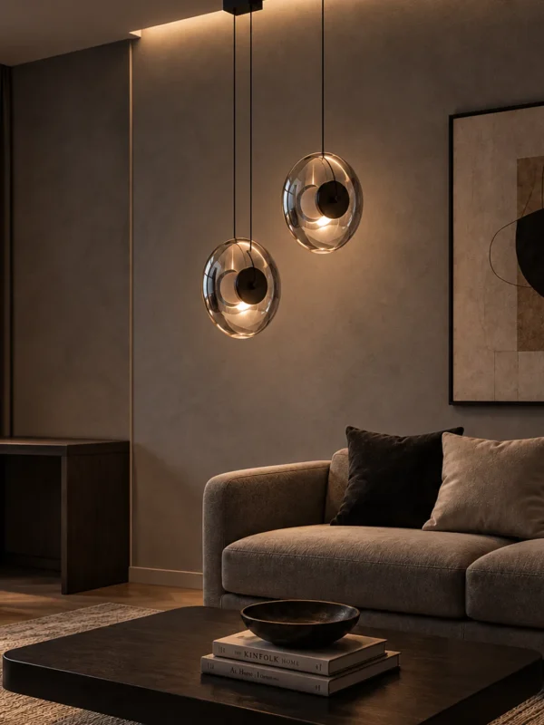 Two Dione glass pendant lights suspended beside a contemporary living room sofa