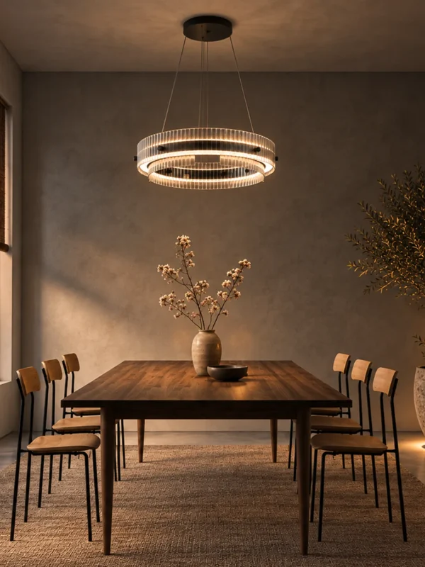 Divina circular chandelier above a contemporary dining table