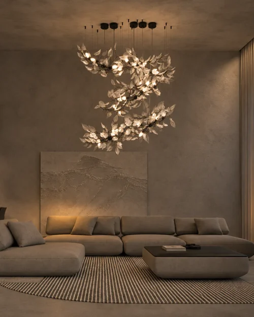 Doncella Chandelier Living Room Interior Doncella chandelier with cascading ceramic petals in a contemporary living room