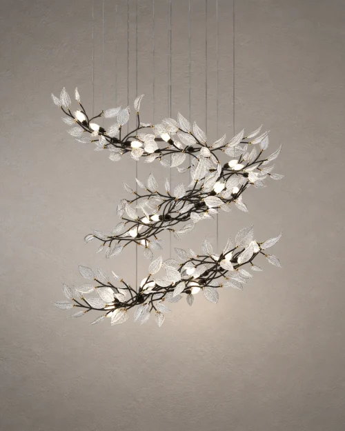 Doncella Sculptural Chandelier Doncella chandelier with Matte White ceramic petals and flowing metallic branches