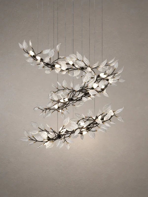 Doncella chandelier with Matte White ceramic petals and flowing metallic branches