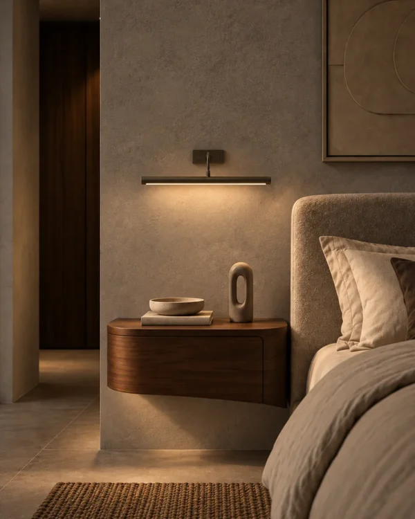 Elanor linear wall lamp beside a bed in a contemporary bedroom