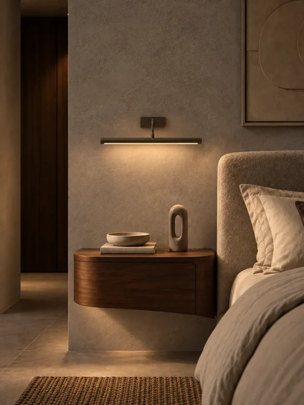 Elanor linear wall lamp beside a bed in a contemporary bedroom