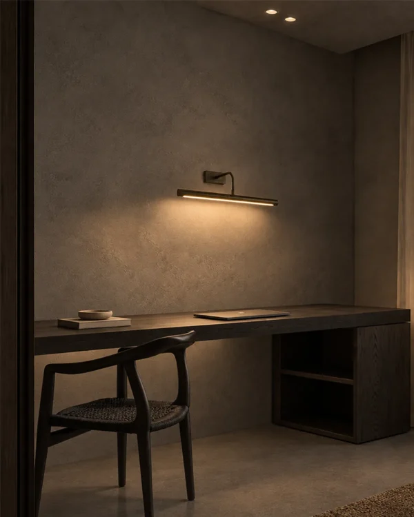 Elanor linear wall lamp illuminating a modern study interior