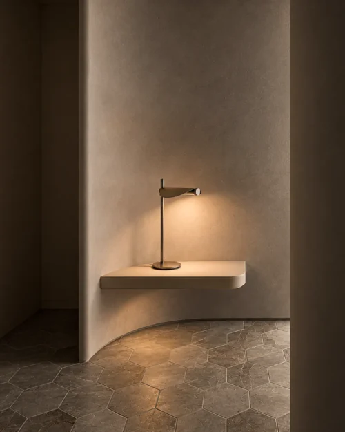 Elian Table Lamp Modern Interior Elian minimalist table lamp illuminating a floating shelf in a contemporary interior