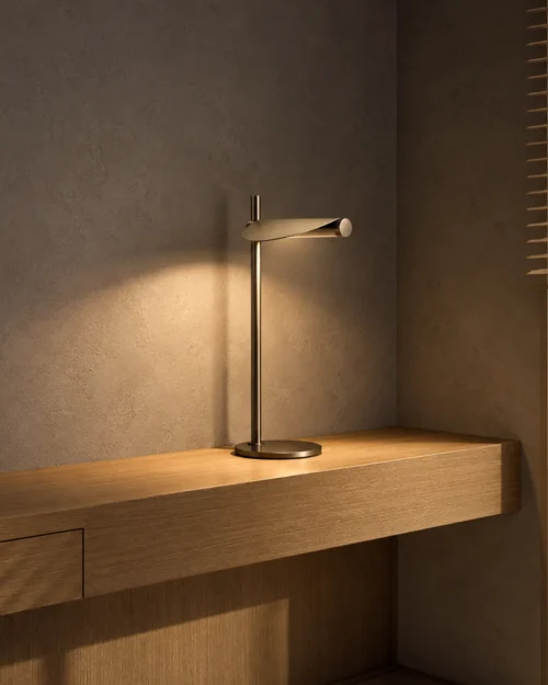 Elian Table Lamp Wooden Console Elian table lamp with Rustic Coffee finish on a wooden console against a textured wall