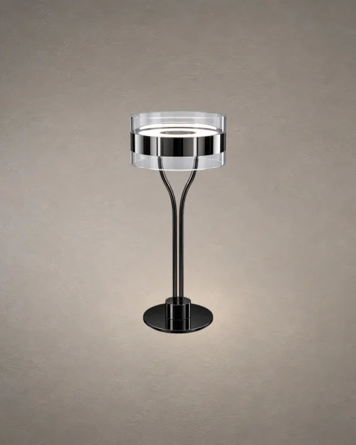 Elion Modern Circular Table Lamp Elion table lamp featuring a circular illuminated head, branching black stem, and Chrome detailing