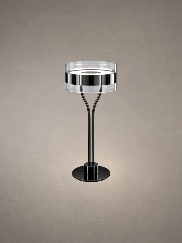Elion table lamp featuring a circular illuminated head, branching black stem, and Chrome detailing