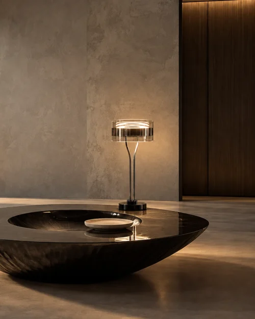 Elion Table Lamp Contemporary Interior Elion circular table lamp with Pearl Black and Chrome finishes on a dark round table